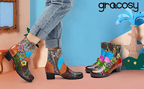 gracosy Botines de Cuero para Mujeres,Otoño e Invierno 2019 Bloque de Pata Flor Original Hecho a Mano Estilo Bohemio Nacional Rico en Color Cómodo Suela Blanda Cremallera