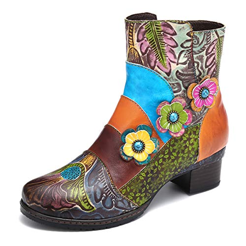 gracosy Botines de Cuero para Mujeres,Otoño e Invierno 2019 Bloque de Pata Flor Original Hecho a Mano Estilo Bohemio Nacional Rico en Color Cómodo Suela Blanda Cremallera