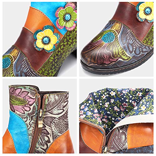 gracosy Botines de Cuero para Mujeres,Otoño e Invierno 2019 Bloque de Pata Flor Original Hecho a Mano Estilo Bohemio Nacional Rico en Color Cómodo Suela Blanda Cremallera