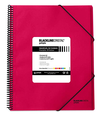 Grafoplás 39835254 Carpeta con Espiral de 50 Fundas, Tapas de Polipropileno Cristal Rayado, Color Rosa Fucsia, A4, Maxiplás Blackline Cristal