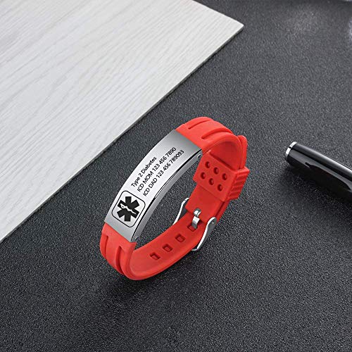 Grand Made Pulseras personalizadas de id médica de alerta de 9" Pulsera de silicona ajustable para deportes de emergencia para hombres Mujeres Pulsera impermeable para mujer (Red & Silver 1)