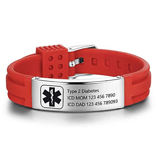 Grand Made Pulseras personalizadas de id médica de alerta de 9" Pulsera de silicona ajustable para deportes de emergencia para hombres Mujeres Pulsera impermeable para mujer (Red & Silver 1)