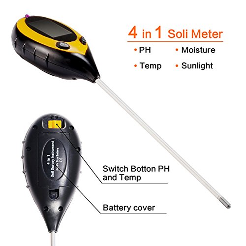 Grandbeing 4 en 1 Suelo Tester Prueba suelo medidor Medidor Humedad Suelo PH Temperatura Humedad Luz solar para innenbereich/exterior Agua Luz prueba