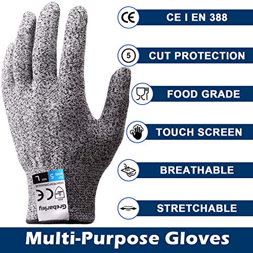 Grebarley Guantes Anticorte,Guantes de Cocina Seguridad Nivel 5 Protección,Guantes Resistentes a Cortes para Cocina/Exterior/Explorar,Gris 1 par(L)