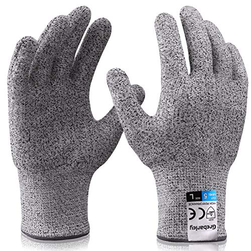 Grebarley Guantes Anticorte,Guantes de Cocina Seguridad Nivel 5 Protección,Guantes Resistentes a Cortes para Cocina/Exterior/Explorar,Gris 1 par(L)
