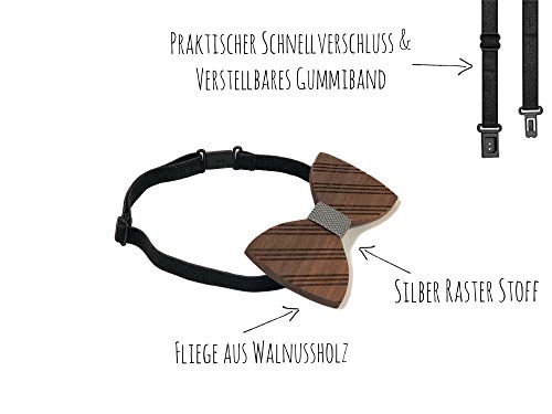 Green Stuff Natural Mika – La mosca de madera ecológica – Hecho a mano de madera de nogal con gemelos y pañuelo a juego – 1 producto comprado = 1 árbol con cuidado ([rejilla plateada])