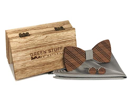 Green Stuff Natural Mika – La mosca de madera ecológica – Hecho a mano de madera de nogal con gemelos y pañuelo a juego – 1 producto comprado = 1 árbol con cuidado ([rejilla plateada])