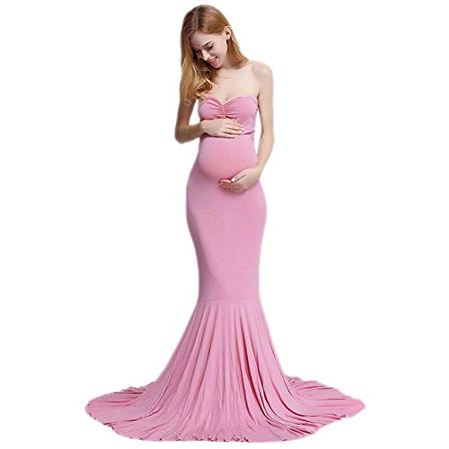 Greetuny Vestido para Embarazada fotografia Elegante Sin Tirantes Vestido Largo de Maternidad Vestido Premamá Ceremonia, Fiesta (Rosa)