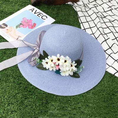 Griselda Max Sombrero de paja para mujer, plegable, con diseño de flores, para playa, para vacaciones, ocio, Outddor, azul celeste, talla única