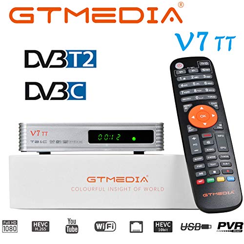 GT Media V7 TT DVB-T/T2 Decodificador TDT DVB-C Receptor de TV por Terrestre Cable Combo H.265 10bit Full HD 1080p con Antena WiFi USB / Ethernet, Soporte Youtube CCcam EPG LCN