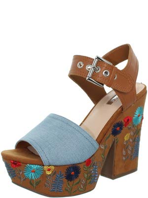 Guess Sandalias de las mujeres en azul y marrón de tela de gamuza con estampado de flores bordado en el talón y la plataforma. La fijación de la correa del tobillo. DQO. TAMAÑO 40 FLCAA1DEN03
