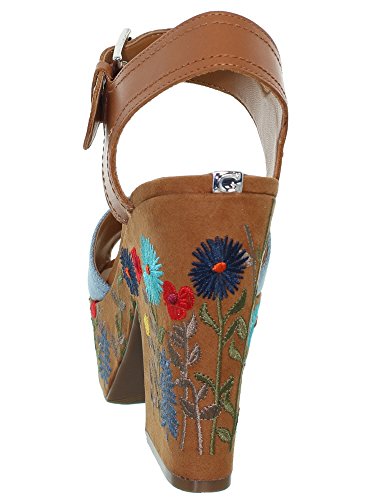Guess Sandalias de las mujeres en azul y marrón de tela de gamuza con estampado de flores bordado en el talón y la plataforma. La fijación de la correa del tobillo. DQO. TAMAÑO 40 FLCAA1DEN03
