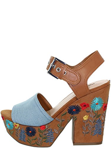 Guess Sandalias de las mujeres en azul y marrón de tela de gamuza con estampado de flores bordado en el talón y la plataforma. La fijación de la correa del tobillo. DQO. TAMAÑO 40 FLCAA1DEN03