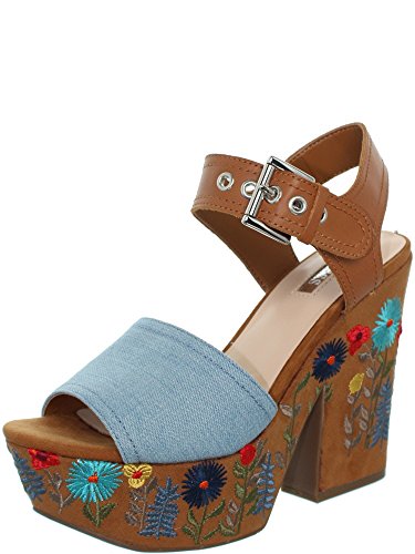 Guess Sandalias de las mujeres en azul y marrón de tela de gamuza con estampado de flores bordado en el talón y la plataforma. La fijación de la correa del tobillo. DQO. TAMAÑO 40 FLCAA1DEN03