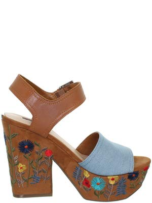 Guess Sandalias de las mujeres en azul y marrón de tela de gamuza con estampado de flores bordado en el talón y la plataforma. La fijación de la correa del tobillo. DQO. TAMAÑO 40 FLCAA1DEN03