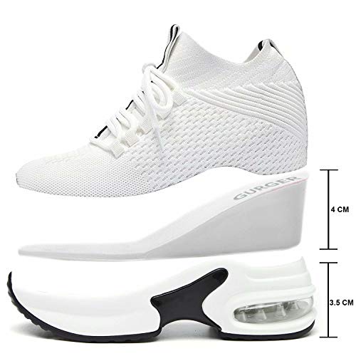 GURGER Zapatillas Cuña Mujer Zapatillas de Deporte Wedge Plataforma Sneakers Cuña Tacón Oculto 7.5CM Blanco 36/235