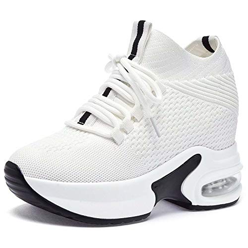 GURGER Zapatillas Cuña Mujer Zapatillas de Deporte Wedge Plataforma Sneakers Cuña Tacón Oculto 7.5CM Blanco 36/235