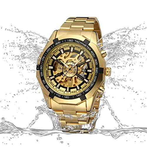 GuTe Reloj de pulsera mecánico automático, dial con diseño de X y mecanismo visible, color dorado y negro