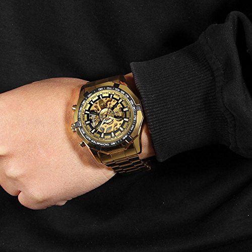 GuTe Reloj de pulsera mecánico automático, dial con diseño de X y mecanismo visible, color dorado y negro