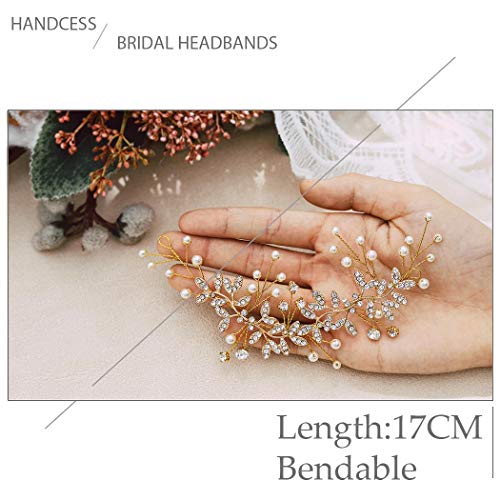 Handcess Bride - Diadema de perlas de cristal para novia y damas de honor (dorado)