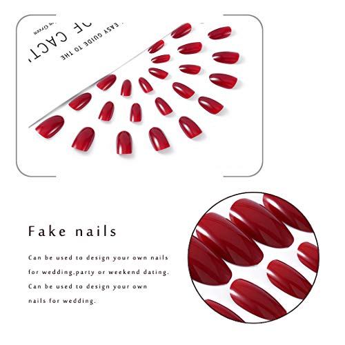 Handcess Uñas postizas ovaladas Vino brillante Presione sobre uñas Uñas cortas rojas Cubierta completa Puntas de uñas falsas para mujeres y niñas