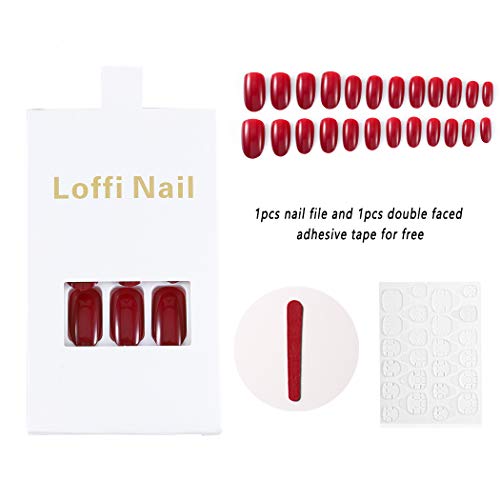 Handcess Uñas postizas ovaladas Vino brillante Presione sobre uñas Uñas cortas rojas Cubierta completa Puntas de uñas falsas para mujeres y niñas