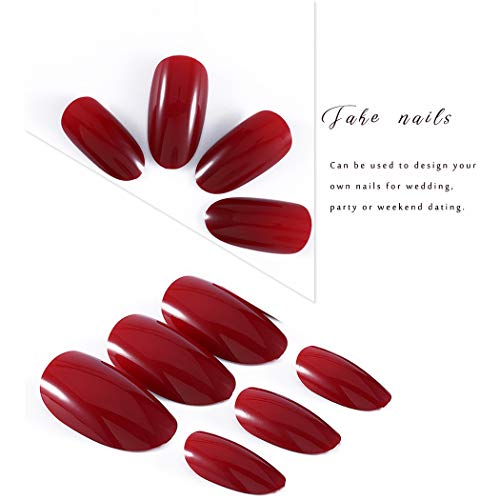Handcess Uñas postizas ovaladas Vino brillante Presione sobre uñas Uñas cortas rojas Cubierta completa Puntas de uñas falsas para mujeres y niñas