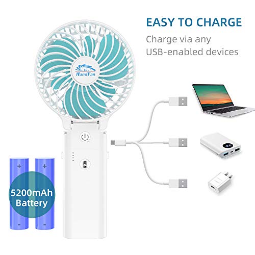 HandFan Ventilador Personal portátil con Pilas de 5200mAh Banco de alimentación Ventilador de Mano 3 Velocidades/Tiempo de Trabajo 5-20H para el hogar al Aire Libre el Recorrido Que acampa