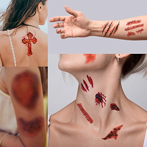 HANPURE Halloween Tatuajes Halloween Zombie Tattoo - 75 Estilos Horror Cicatrices Heridas Tatuajes Pegatinas, Realista Horror Tatuaje Temporal, Maquillaje Halloween Hombre Mujer (3L+3M)