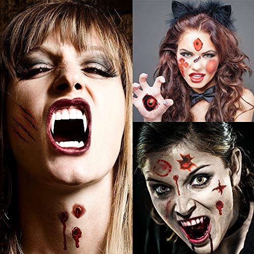 HANPURE Halloween Tatuajes Halloween Zombie Tattoo - 75 Estilos Horror Cicatrices Heridas Tatuajes Pegatinas, Realista Horror Tatuaje Temporal, Maquillaje Halloween Hombre Mujer (3L+3M)
