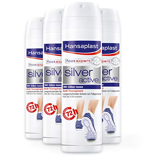 Hansaplast Silver Active - Spray para pies (150 ml, 4 unidades, antitranspirante, con protección de 48 horas contra el olor y el sudor, complejo activo con iones de plata