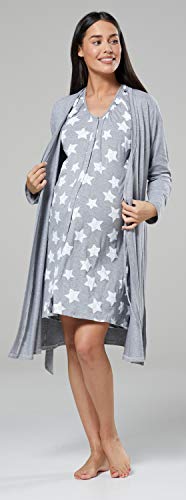 HAPPY MAMA Para Mujer Set Camisón Bata de Premamá Embarazo Lactancia 1009 (Mezcla Gris y Gris con Estrellas, 40-42, M)