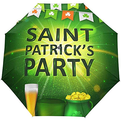 Happy St Patrick Day Lucky Trébol de Cuatro Hojas Primavera Auto Abrir Cerrar Sol Lluvia Paraguas