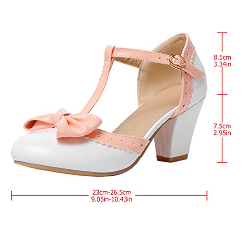 Happyyami Mujeres Laniere Pump Mary Jane Rockabilly Zapatos Mujeres Tacón Medio 6. 5Cm Bloque Cuadrado Correa de Tobillo Lazo Dulce Lolita Tacones Gruesos