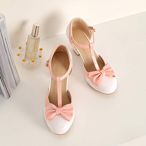 Happyyami Mujeres Laniere Pump Mary Jane Rockabilly Zapatos Mujeres Tacón Medio 6. 5Cm Bloque Cuadrado Correa de Tobillo Lazo Dulce Lolita Tacones Gruesos