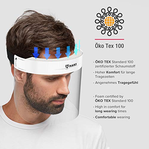 HARD 1x Pro visor Visera de protección facial, Certificado médico, Protector de plástico Antivaho, Pantalla protectora para adultos, Hecho en Alemania - Blanco/Negro