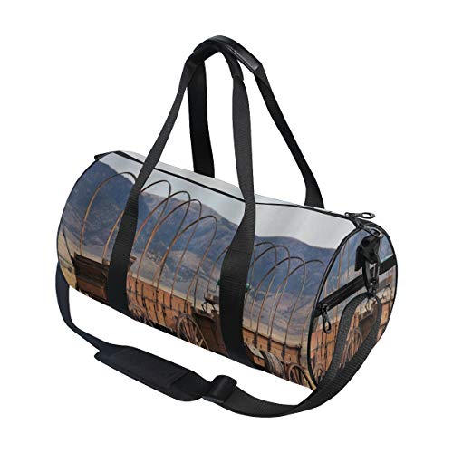HARXISE Granero Rueda de carro de madera Vintage American Carriages Western Historical Transportation Prairie，Bolsa de equipaje de viaje Deporte Lienzo ligero Equipaje de fitness Desmontable