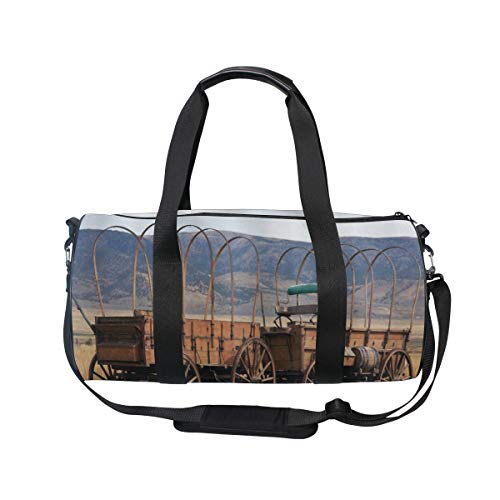 HARXISE Granero Rueda de carro de madera Vintage American Carriages Western Historical Transportation Prairie，Bolsa de equipaje de viaje Deporte Lienzo ligero Equipaje de fitness Desmontable