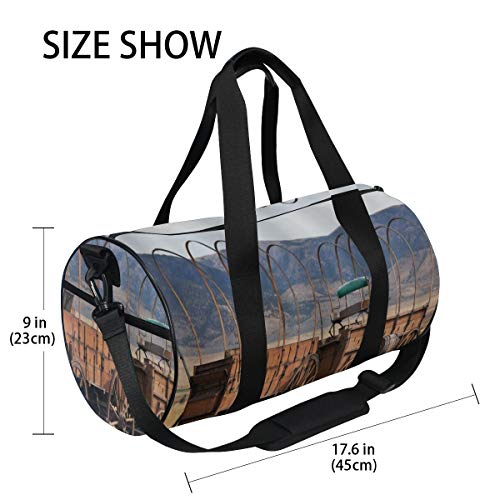 HARXISE Granero Rueda de carro de madera Vintage American Carriages Western Historical Transportation Prairie，Bolsa de equipaje de viaje Deporte Lienzo ligero Equipaje de fitness Desmontable