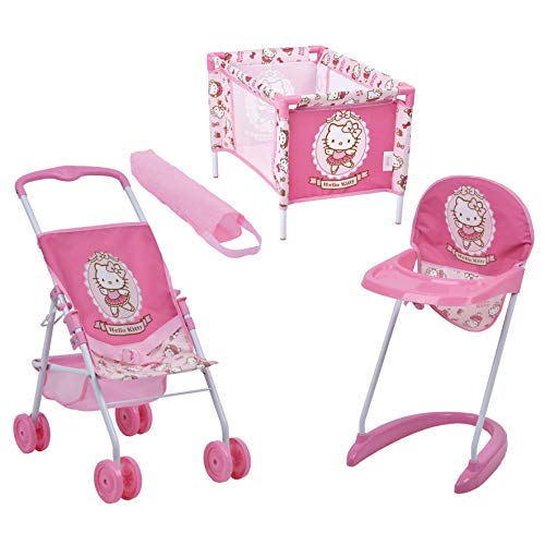Hauck Toys Set de 3 piezas para muñecas - Trona, Cuna de viaje y Silla de paseo - Hello Kitty - rosa