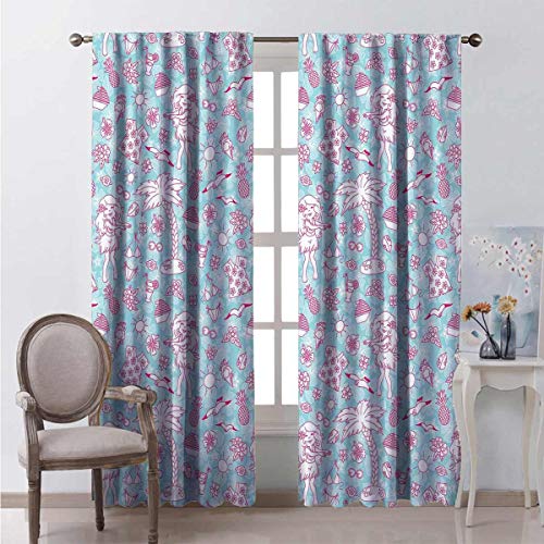 Hawaii - Cortina de aislamiento térmico para sala de estar o dormitorio, diseño de doodle con chica americana, color azul pálido y rosa