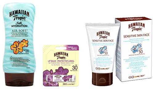 Hawaiian Tropic PACK Facial Piel Sensible - Kit de Protección Solar con Loción Aftersun Silk Hydration 180ml + Crema Solar Protectora Facial para Piel Sensible SPF 50 + Bálsamo Protector Labial SPF 30