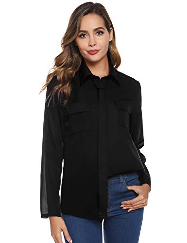 Hawiton Camisas Mujer Elegantes Verano, Sexy Cuello en v Fresco Camiseta de Gasa con 2 Bolsillos, Casuales Blusas Tops