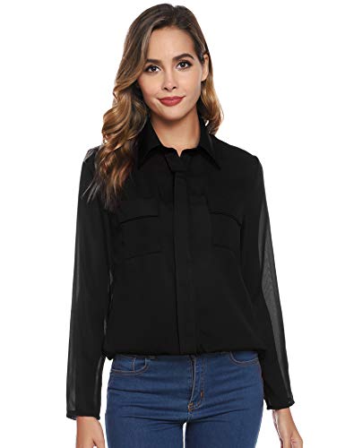 Hawiton Camisas Mujer Elegantes Verano, Sexy Cuello en v Fresco Camiseta de Gasa con 2 Bolsillos, Casuales Blusas Tops