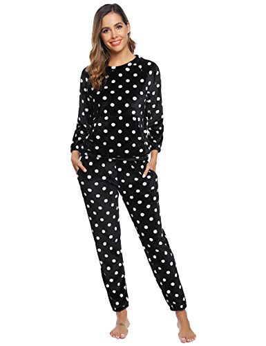 Hawiton Pijamas Mujer Invierno Polar Pijama de Manga Larga Franela Conjunto de Pijama para Mujer Ropa de Casa 2 Piezas