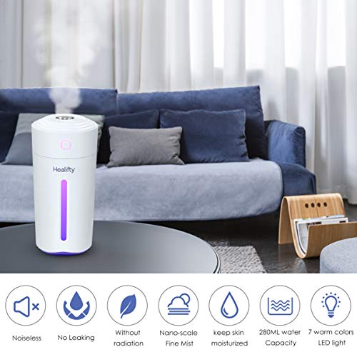 Healifty Humidificador Coche Aromaterapia USB Portátil 280ML - con luz LED de 7 Colores - Difusor de Aceites Esenciales, Mini Humidificador de Aire para Oficina