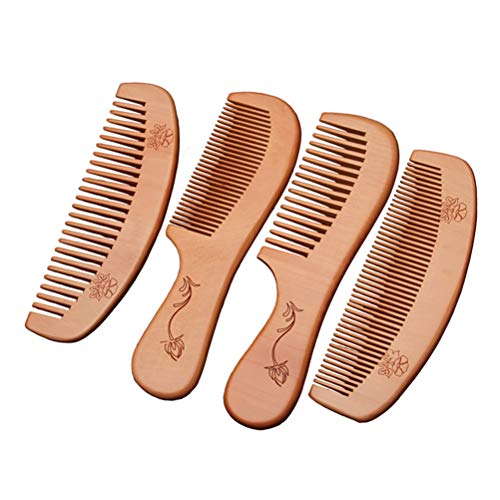 Healifty Peine de madera de melocotón antiestático para el cabello con dientes anchos, 4 unidades