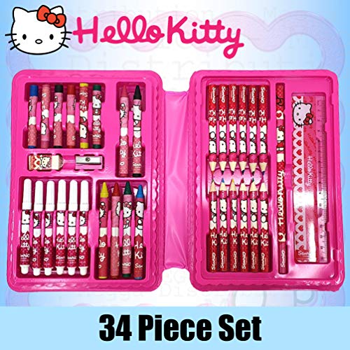 Hello Kitty - Juego de 34 lápices de colores con funda plegable para niños, incluye lápices de colores, rotuladores, lápices de colores pastel, ceras, regla, gomas de borrar, lápiz y sacapuntas