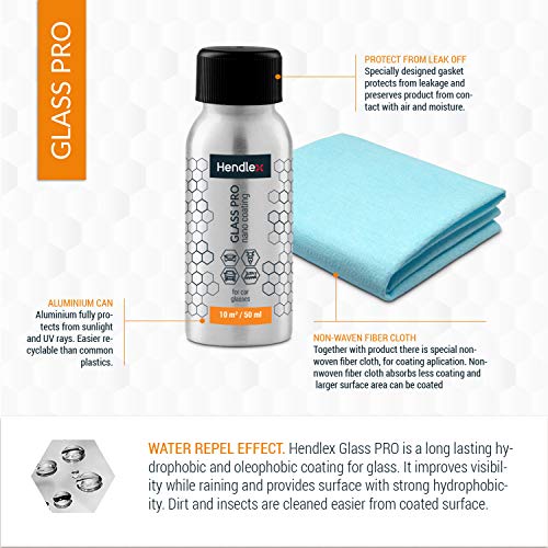 Hendlex Nano Glass Pro Protección de parabrisas para todo tipo de vehículos, tales como Coche, Moto, Camión etc. Repelentes: nieve, lluvia, barro, etc.