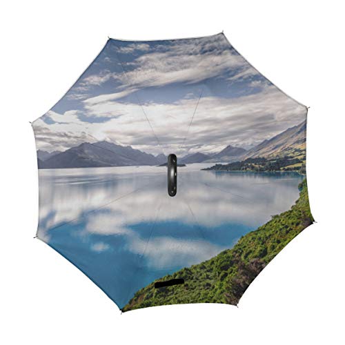 Hermosa Nueva Isla Sur Doble Capa Plegable Protección Anti-UV Resistente al Viento Recta Automática Golf Inversa Paragüero invertido con manija en Forma de C para la Lluvia del Coche